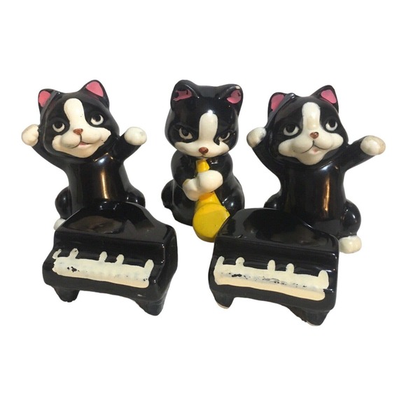 Omnibus Korea Black White Musical Cats Piano Figurines 5 Piece - Picture 1 of 16